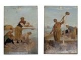 deux tableaux représentant des personnes sur une plage avec un bateau dans l'eau