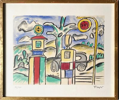 a picture of a painting of a gas station