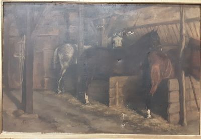 "Les chevaux à l'écurie". Huile sur toile.