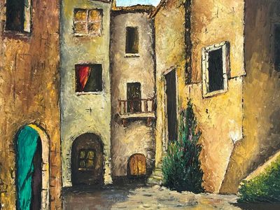 a painting of a street scene with buildings and a green door