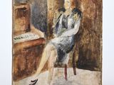 tableau représentant une femme assise sur une chaise devant un piano