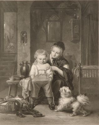 painting of a woman and child sitting on a chair with a dog