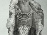 an old black and white drawing of a man dressed in a costume