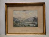 une image d'une peinture représentant une scène de montagne avec une rivière au premier plan