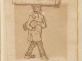 an old drawing of a man carrying a large piece of wood
