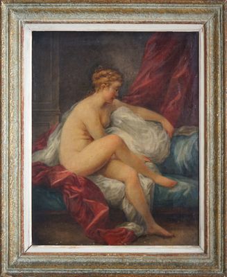 une peinture à l'huile représentant une femme nue assise sur un lit