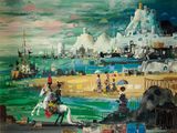 un tableau représentant un homme à cheval sur la plage