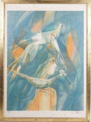 an image of a painting of two birds flying in the sky