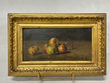 tableau représentant une nature morte avec des fruits sur une table, dans un cadre doré