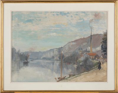 une image d'une peinture représentant une scène de rivière avec un bateau dans l'eau