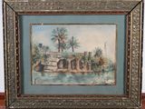 an old picture of a painting of a bridge over a river