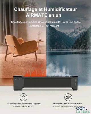 une publicité pour un système home cinéma portant la mention « chauffage et humidificateur Airmate en un »