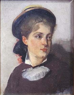 tableau représentant une femme portant un chapeau et un nœud papillon, dans un cadre en bois