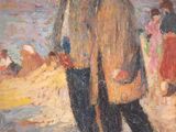 an oil painting of a man and a woman walking on a beach