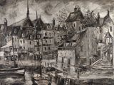 peinture représentant une image en noir et blanc d'un port avec des bateaux