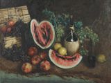 tableau représentant une nature morte composée de fruits et d'une bouteille de vin posés sur une table