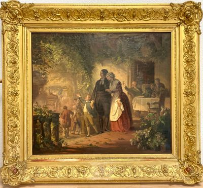 un tableau représentant un homme et une femme debout dans un jardin