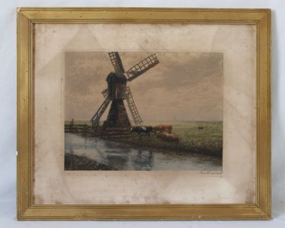 tableau représentant un moulin à vent dans un champ, avec des vaches qui paissent en arrière-plan
