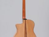 the back of an acoustic guitar on a white background