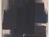 une peinture abstraite composée de carrés noirs et gris sur fond blanc