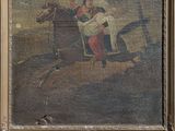 un vieux tableau représentant un homme à cheval dans un champ
