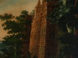 painting of a castle with a river in the foreground and trees in the foreground