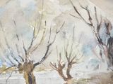 a watercolor painting of two trees in the snow