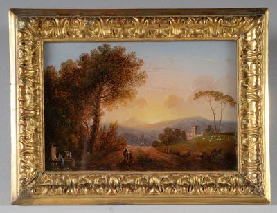 une peinture à l'huile représentant un paysage, dans un cadre doré, accrochée au mur