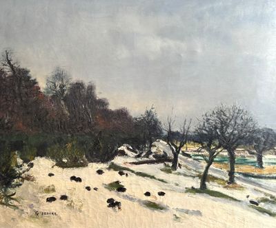 painting of a snowy landscape with trees and bushes in the foreground