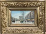 an oil painting of a street scene with people walking down the street
