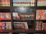 a lot of dvd ' s on the shelves in the room