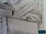 a pencil drawing of a desk with a book and a cup of coffee