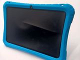 an image of a blue tablet with a black screen sitting on a table