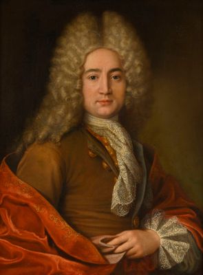 un tableau représentant un homme aux cheveux longs, vêtu d'un manteau marron