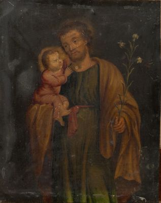 a painting of a man holding a child in his arms