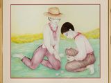 painting of two women kneeling down in a field with a hat on