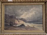 une image représentant un tableau où l'on voit un homme et un chien sur une plage rocheuse