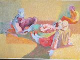 une peinture représentant un groupe de personnes assises sur un canapé