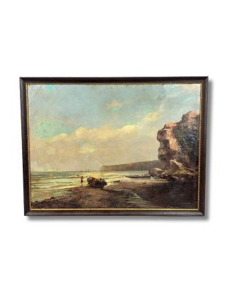 une peinture à l'huile représentant une scène de plage avec un bateau sur l'eau