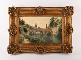an oil painting of a bridge over a river with a church in the background