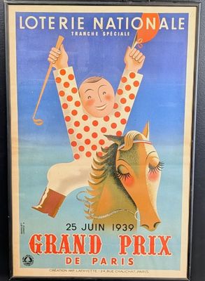 an old poster of a man riding a horse with a flag on it