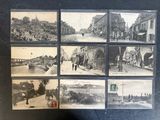 several old black and white photos of a city street with horses and carriages