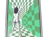 painting of a woman standing in front of a green and white checkered background