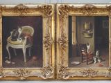 two paintings of cats in a room with a chair and a table