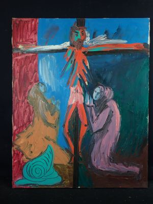 painting of two paintings of a man and a woman on a cross