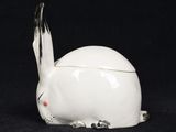 a small white rabbit sitting on a black surface
