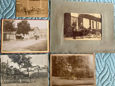 several old black and white photos of horses and carriages in front of a house