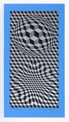 an image of a black and white geometric design with a blue background