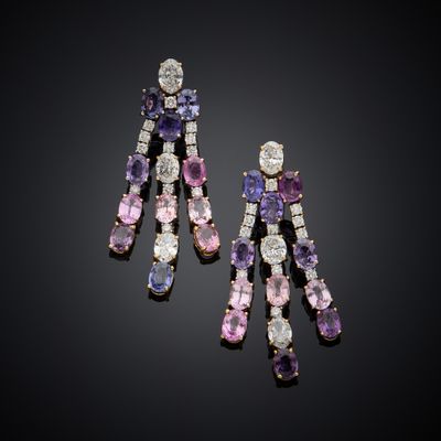 a pair of amethoralite, sapphire and diamond earrings