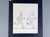 a drawing of a man and a woman running together